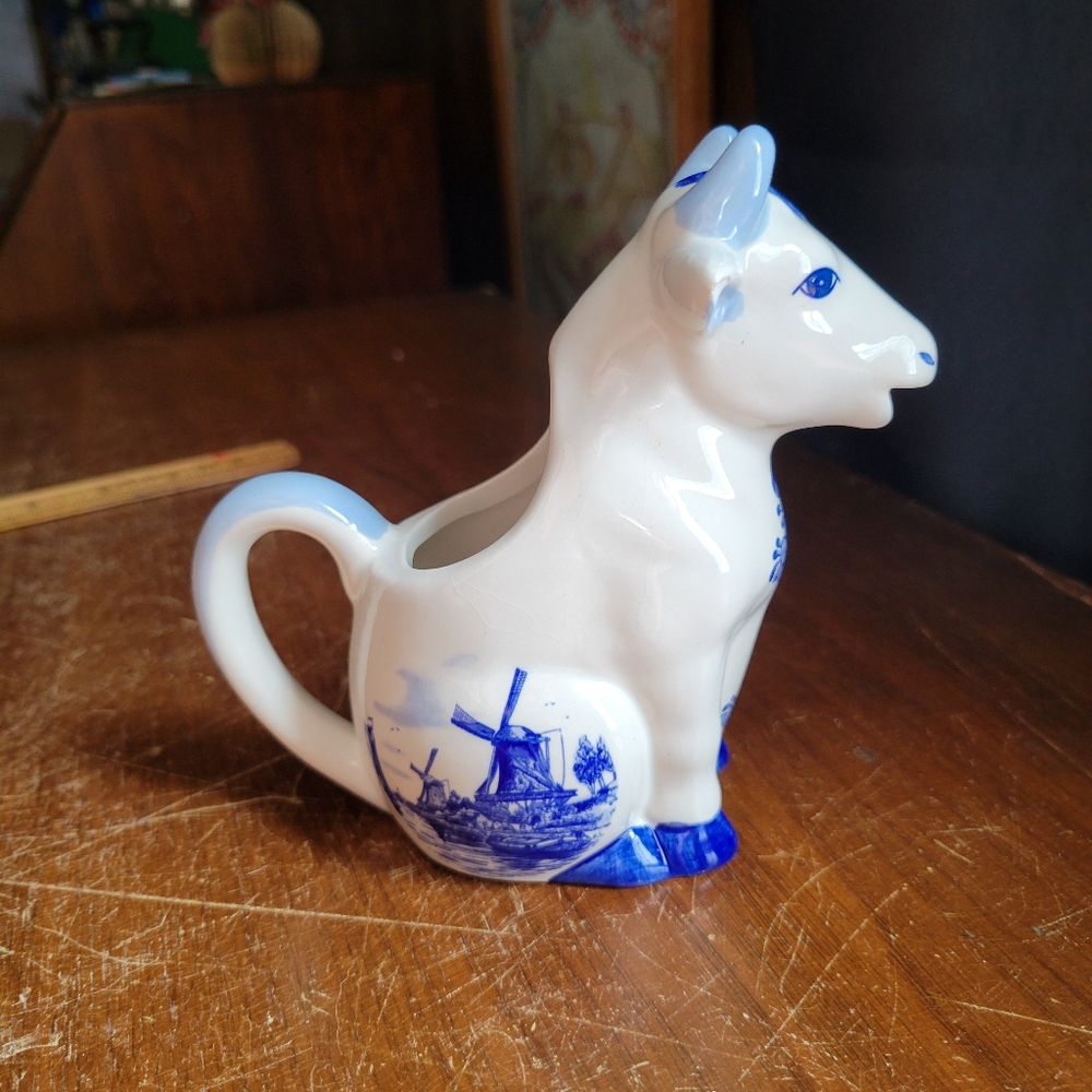 Vintage Delft Blue Holland Sitting Cow Hand Painted Windmill Design Creamer Milk